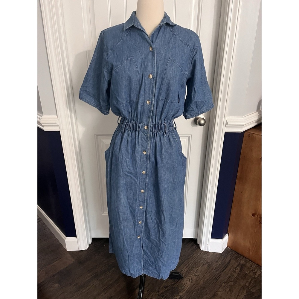 Vintage Denim Button-Up Midi Maxi Dress Elastic Pockets Modest Blue Jean 157